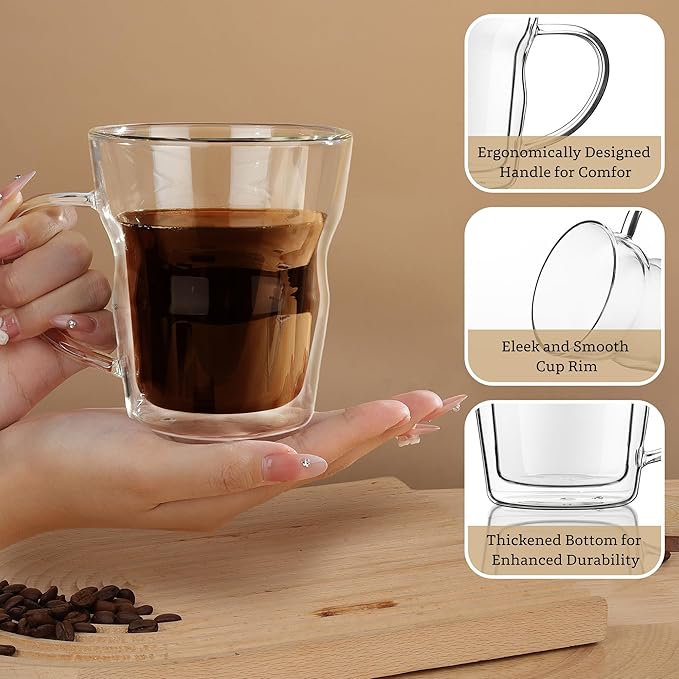 Joeyan 12oz Double Wall Insulated Coffee Mugs - Set of 2, Clear Glass Coffee Mug Espresso Cup with Handle, Perfect for Home Office, Latte, Cappuccino, Beer, Iced Tea Coffee, Hot Chocolate& Gift