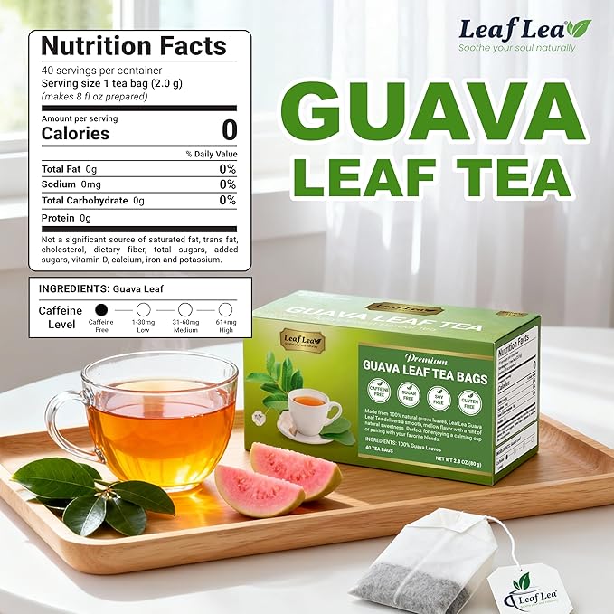 LeafLea 120 Guava Leaf Tea Bags, Premium Natural Herbal Tea, 100% Hojas De Guayaba, Caffeine-Free, Non-GMO, Supports Digestion & Immune Health, Packed with Natural Goodness
