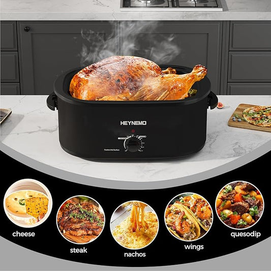 20 Quart Roaster Oven with Self-Basting Lid, Electric Turkey Roaster Oven with Defrost & Warm Function, Adjustable Temperature, Removable Pan & Rack, Stainless Steel, Black