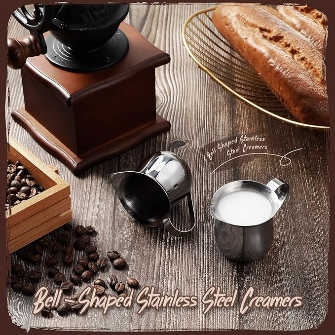 12 Pack Stainless Steel Bell Creamers 3 Ounce Creamer Pitcher Mini Coffee Milk Pitchers with Handle and Pouring Spout Cups for Serving Espresso, Tea, Milk, Maple Syrup, Sauce