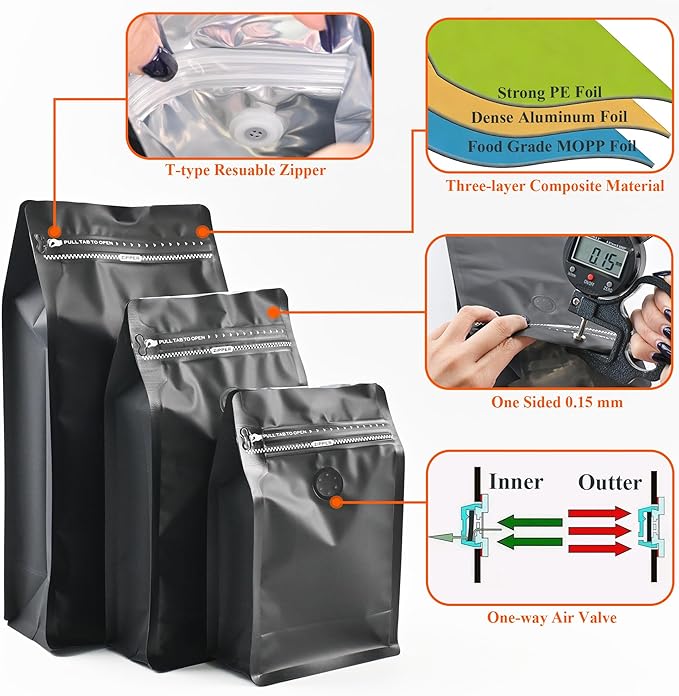 12mil Stand Up Coffee Bags, Flat Bottom Pouch with one-way Air Release Valve and Reusable Side Zipper(Black, 50PCS-Large-2.2lb/32oz/1kg)