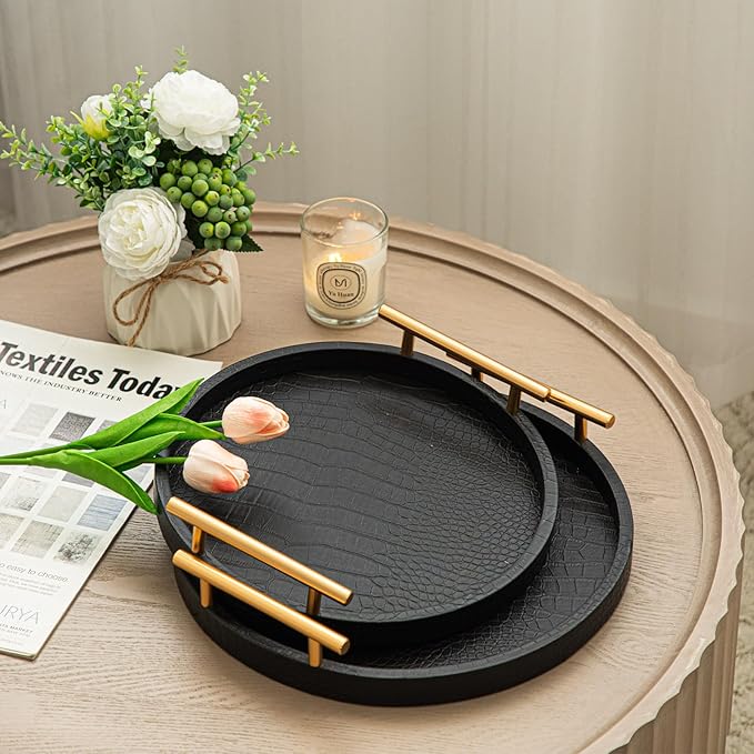 Decorative Serving Trays, Set of 2 Wood Modern Crocodile Leather Round Tray with Polished Metal Handles, Decorative Trays Coffee Table Tray Ottoman Platter for Home Decor (Black)