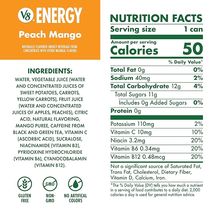 V8 Energy Peach Mango Energy Drink, 8 fl oz Can (24 Pack)