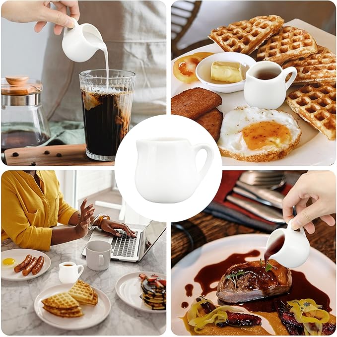12 Pack 3 oz Mini Ceramic Creamer with Handle, White Porcelain Mini Cream Pitcher with Handle, Small Sauce Jus Mini Pitchers for Sauces for Milk, Coffee, Jam, Syrup