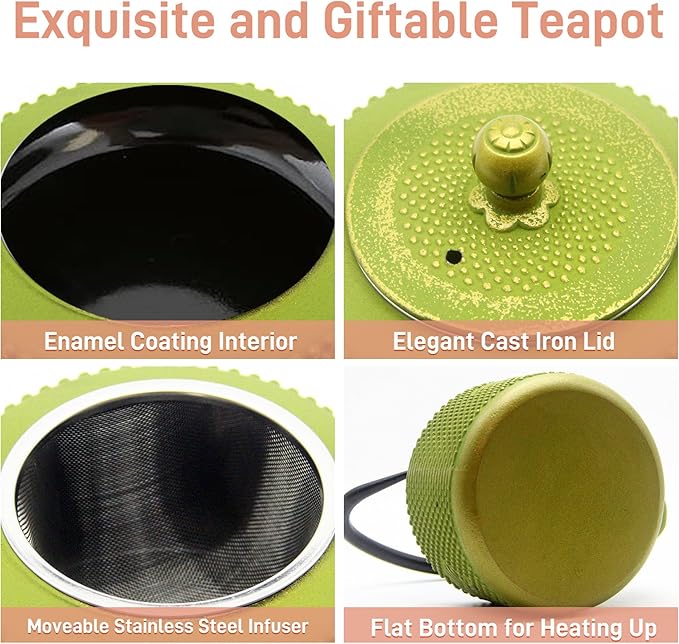Cast Iron Teapot with Sunflower Pattern,SECHUDO Tea Kettle Coated with Enameled Interior for Loose Tea,Green Cast Iron Teapot with Stainless Steel Infuser for Stovetop Safe (28.7oz/850ml)
