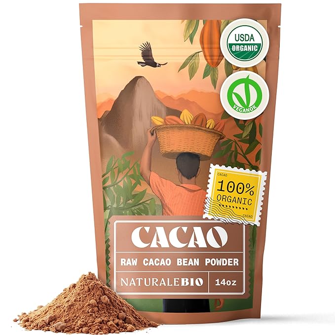 NaturaleBio Cacao Powder Organic 14oz. Unsweetened, Non-Alkalized and Pure. Cocoa Powder Substitute with Rich Dark Chocolate Flavor. Non-GMO, Gluten Free, Tested for Heavy Metals. From Raw Cacao Beans