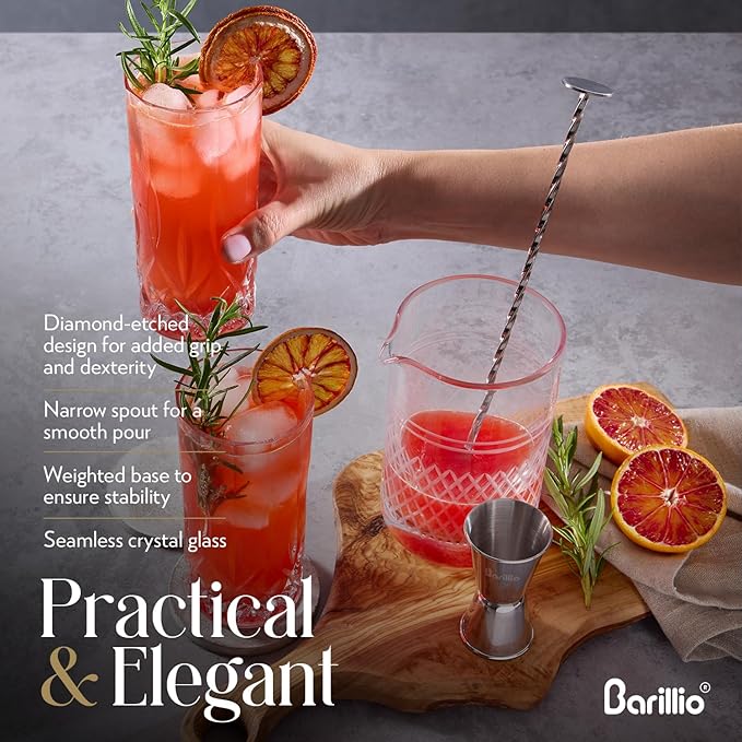 Barillio Crystal Cocktail Mixing Glass - 20 Oz (600 ml) Seamless Weighted With Thick & Sturdy Bottom Cocktail Stirring Pitcher | Old Fashioned Beaker - Bartender Mixology Accessories to Stir Cocktails