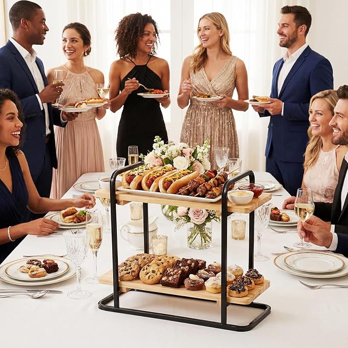 Bokon Coffee Station Organizer 2 Tier Wooden Serving Tray Charcuterie Board Stands Rectangle Coffee Bar Organizer Dessert Display Stand Tiered Cupcake Stand for Kitchen, Office, Home