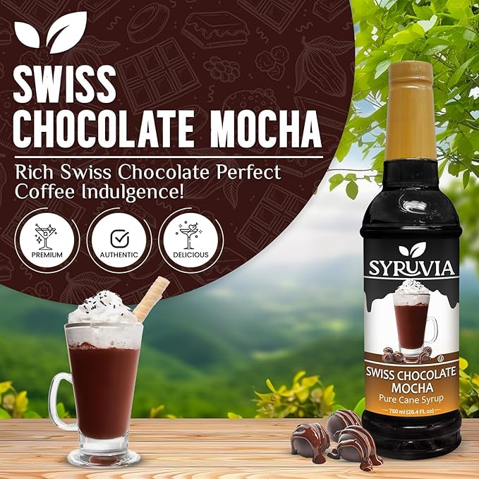 Syruvia Swiss Chocolate Mocha Syrup - 25.4 fl oz Premium Coffee Flavoring Syrup - Kosher Coffee Syrups, Gluten Free, No Coloring, Perfect for Drinks, Soda, Shakes, Desserts, and More With Pump