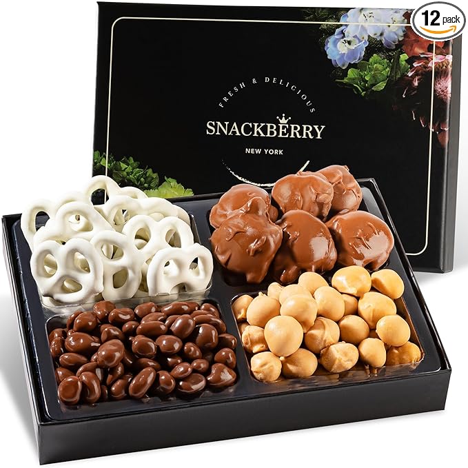 12-Pack Snackberry Gourmet Chocolate Gift Platter – Assorted Treats with Chocolate Pecan, Maple Nuts, Yogurt Pretzels & Chocolate Raisins – Perfect Holiday, Birthday & Corporate Gift Box