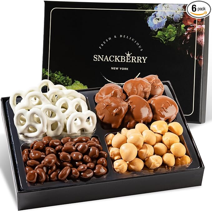 6-Pack Snackberry Gourmet Chocolate Gift Platter – Assorted Treats with Chocolate Pecan, Maple Nuts, Yogurt Pretzels & Chocolate Raisins – Perfect Holiday, Birthday & Corporate Gift Box