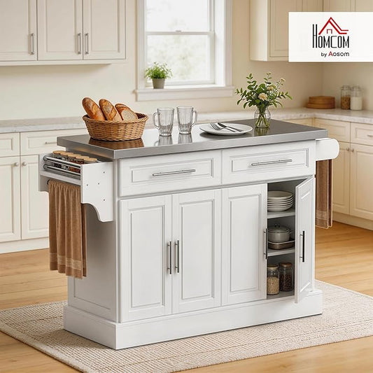 HOMCOM Rolling Kitchen Island Cart with 47" Stainless Steel Top, Portable Island Table for Kitchen with Wheels, Adjustable Shelves, 2 Drawers, Spice, Knife and Towel Rack, White