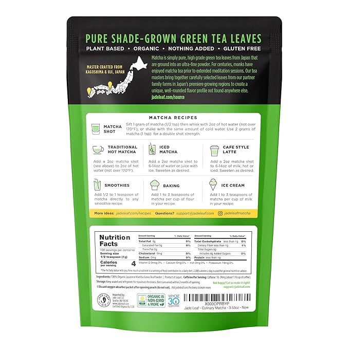 Jade Leaf Matcha Organic Premium Culinary Grade Matcha Green Tea Powder, for Matcha Lattes, Mochi, and Baking, Japanese Grown and Packed, 3.53 Ounce (Pack of 1), Culinary