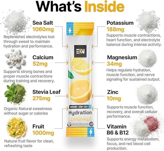 Engineered Nutrition Sugar-Free Electrolyte Powder Packets - Lemonade Flavor - Keto Hydration Packets w/Magnesium, Potassium & Sodium - Zero Calorie, Vegan, Non-GMO, Gluten-Free - 18 Single Servings
