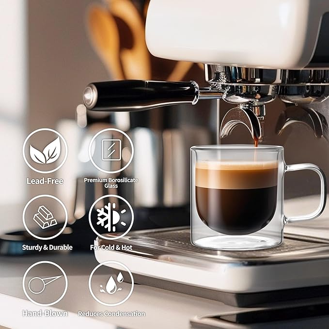 NIRA.Z 12 OZ Double Walled Glass Coffee Mugs Set of 2 Clear Coffee Cups with Handle 355ml Hand-Blown Insulated Glass Tea Cups for Hot & Cold Beverages, Cappuccino, Latte, Tea Bags, Espresso, Americano