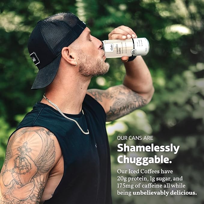 Slate Milk - High Protein Iced Coffee - Vanilla Latte - 175mg Caffeine, Lactose Free Energy - 20g Protein, 1g Sugar, 100 Calories, 1g Net Carbs, No Sugar Added - Protein Coffee - 11 fl oz, 24 Cans