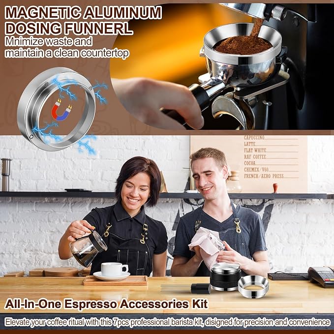 Zhehao 3 Pcs 51mm Espresso Accessories Kit, 2 in 1 Espresso Tamper and Distributor Leveler, Magnetic WDT Tool, and Dosing Funnel Set for Home Office Coffee Machines and Portafilters