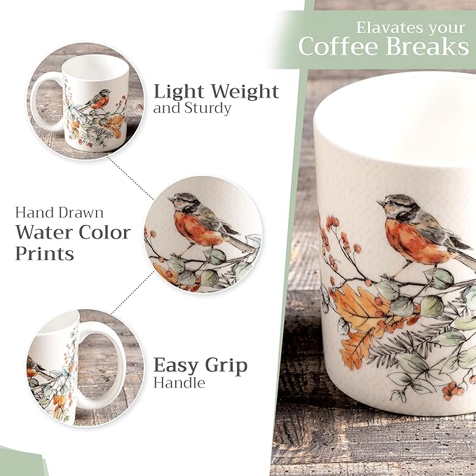 Maison d' Hermine Coffee Mug with Handles Fine Bone China Mugs Pack of One Tea Cups for Hot Beverages Cappuccino Latte Home Office Perfect for Gift (Whitish Shabby Chique - Winter Berries, 12 Ounce)