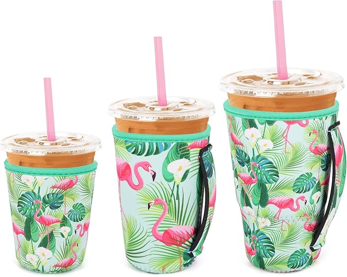3 Pack Iced Coffee sleeve Insulated Neoprene Cup Sleeves with handle For Cold Drinks Beverages, Reusable Cup Holder for 16oz-32oz Coffee Cups (Flamingo)