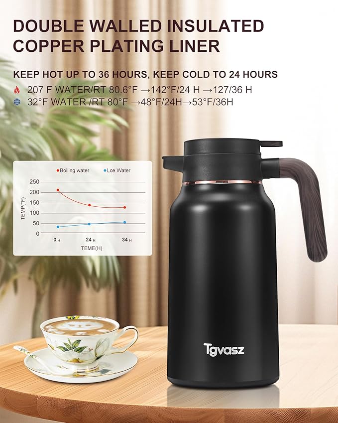 Thermal Coffee Carafe 70 oz - 36 Hour Hot Stainless Steel Carafes for Hot Liquids-Insulated Coffee Carafes For Keeping Hot/Cold Coffee, Tea, Water,Milk, Creamer Dispenser for Coffee Bar(Black)