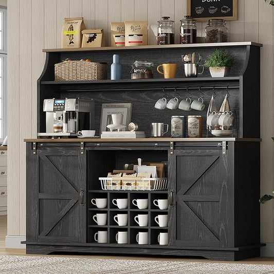 55 Inch Farmhouse Coffee Bar Cabinet with 3-Tier Enclosed Storage Cabinet, Kitchen Hutch with 12 Wine Racks & 3 Glass Holders, Coffee Bar with 6 Hooks, Wood Furniture for Dining Living Room, Black