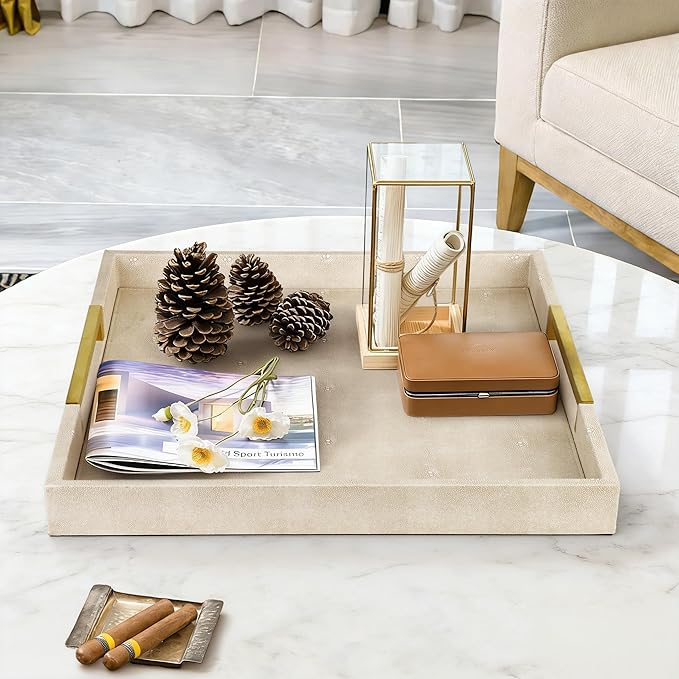 HofferRuffer Faux Leather Serving Tray with Gold Metal Handles, Stylish Decorative Tray Organizer for Coffee Table, Ottoman, Home Decor and Serving (LightGrey Shagreen, 18.9" x 18.9" x 2")