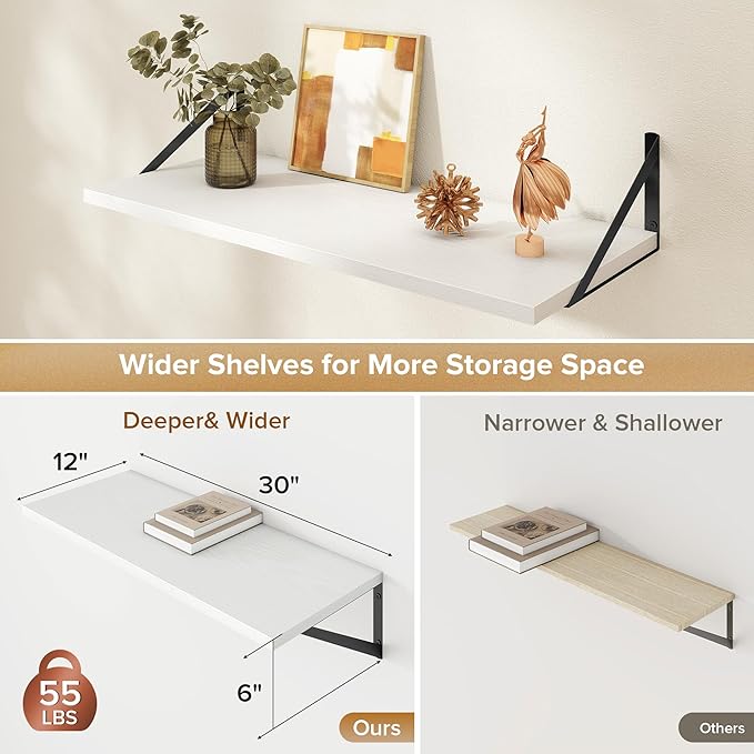 Deep Floating Shelves Wall Mounted, 30"x12" White Wall Shelves with Brackets Set of 2 for Bedroom, Living Room, Bathroom, Kitchen, Office - Storage & Display Shelf for Decor, Books, Plants