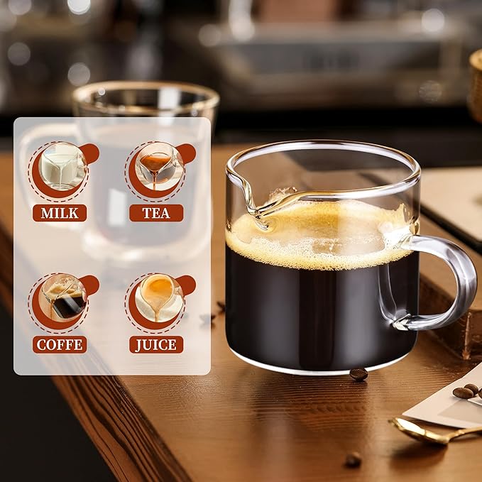 Espresso Cups, Set of 4, Glass Coffee Espresso Cups with Pour Spout, 4 oz, Clear, Dishwasher Safe