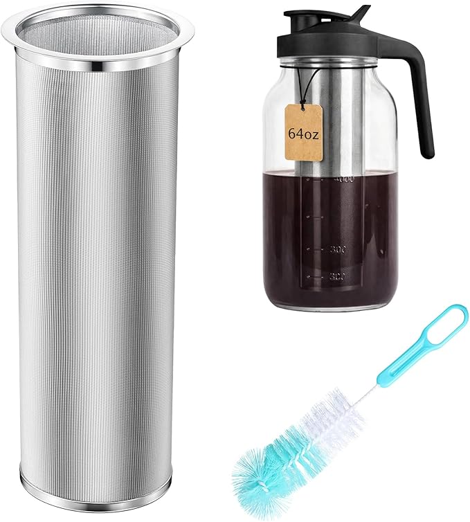 Acellegic Cold Brew Coffee Filter with Brush for 64 Oz/2 Quart Wide Mouth Mason Jar Infuser 304 Stainless Steel Filter Food Grade Strainer with Sealing Ring for Iced Drink Fruit Tea Coffee Maker