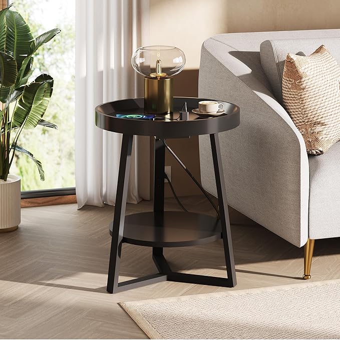 WLIVE Round End Table with Charging Station, Small Round Coffee Table, 2 Tier Side Table for Living Room/Bedroom, Sofa Couch, Wood Tabletop & Metal Frame, Black