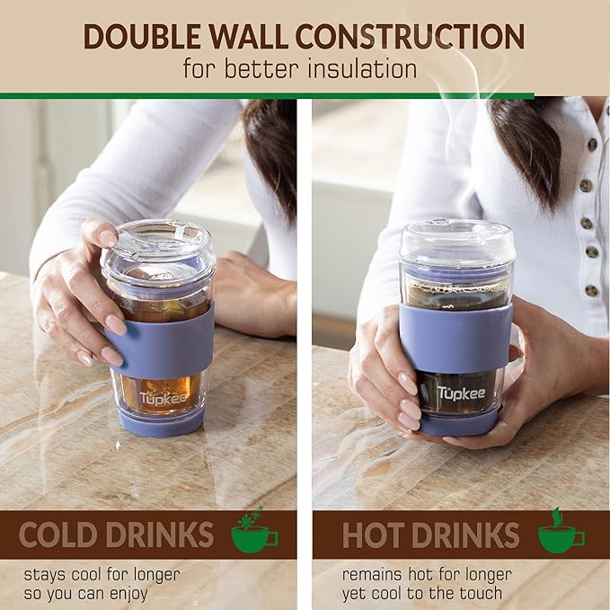 Tupkee Double Wall All Glass Tumbler - 8-Ounce, Reusable Insulated Tea/Coffee Mug & Lid, Hand Blown Glass Travel Mug - Jacaranda - 2 Pack