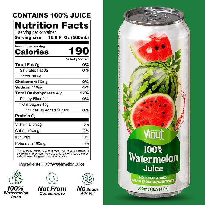 VINUT 100% Watermelon Juice, No Added Sugar, Not From Concentrate, 16.9 fl oz (500 mL) Can, Pack of 12