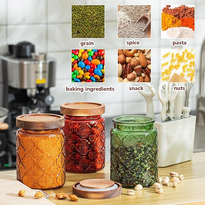 Outus 5 Pcs 23.7oz Vintage Glass Jar with Lids Colored Glass Canisters Jars with Airtight Wooden Lids for Kitchen Counter Flour Sugar Cookie Coffee Tea Storage Containers