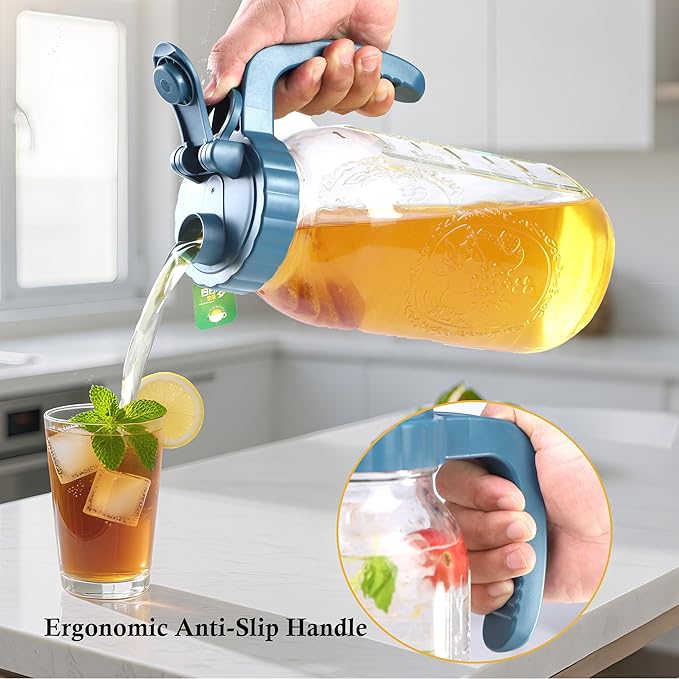 64 Oz Glass Pitcher With Lid 2 Set Half Gallon Wide Mouth Mason Jar Cold Hot Water Pitcher 2 Quart Sun Tea Glass Jar For Outside For Fridge Lemonade, Beverage,Milk,Juice, Cold Brew Iced Tea Container