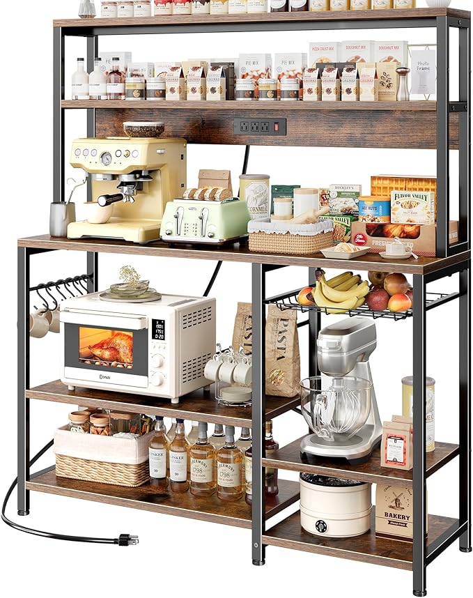 SUPERJARE Bakers Rack with Power Outlet, 47.2 Inches Coffee Bar with Wire Basket, Kitchen Microwave Stand with 6 S-Shaped Hooks, Open Storage Shelves, Rustic Brown