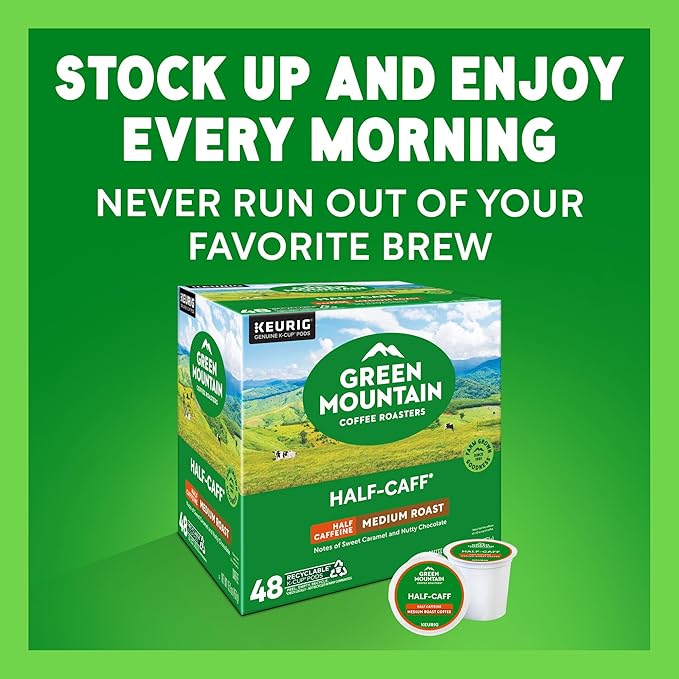 Green Mountain Coffee Roasters Half Caff, Single-Serve Keurig K-Cup Pods, Medium Roast Coffee Pods, 48 Count