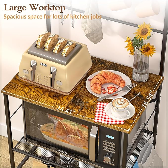 4 Tier Coffee Bar Station, Kitchen Stand with 8 S-Shaped Hooks, Large Space Coffee Station Table, Farmhouse Coffee Bar Shelf, Bakers Rack for for Kitchen, Living Room, 23.62" W x 15.74" D x 57.13" H