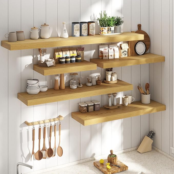 Marsmiles 12" Deep Floating Shelves for Wall with Invisible Brackets, Wall Mounted Engineered Wood Shelves with Wood Grain for Living Room, Bedroom, Kitchen Decor and Storage, 72" L Set of 1, Oak
