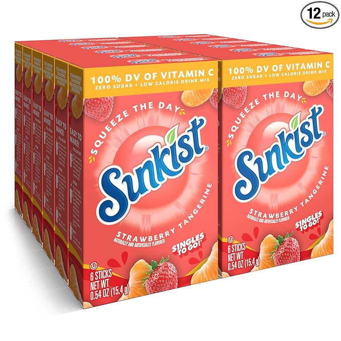 Sunkist Singles to go Drink Mix Packets, Strawberry Tangerine, 6-Count Box – Powdered Drink Packets with Vitamin C, 72 Total Powder Sticks