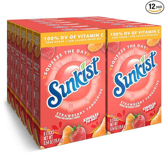Sunkist Singles to go Drink Mix Packets, Strawberry Tangerine, 6-Count Box – Powdered Drink Packets with Vitamin C, 72 Total Powder Sticks