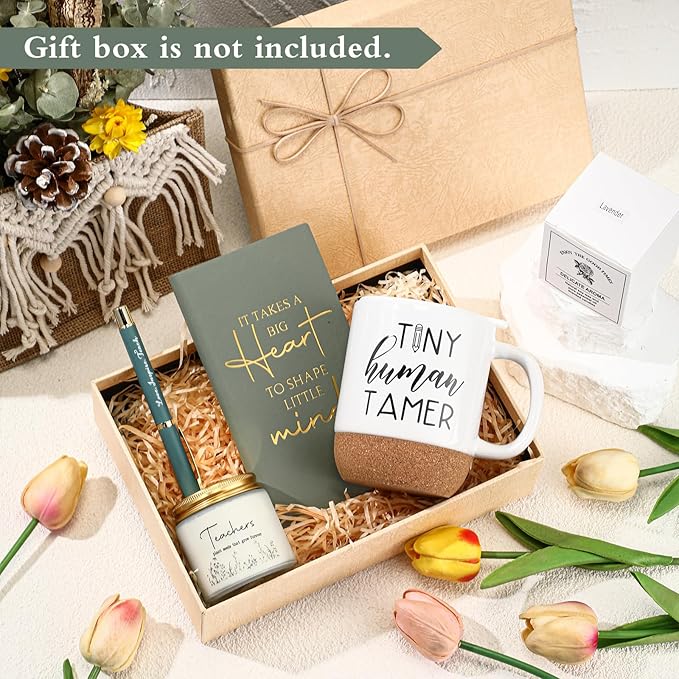 4 Pcs Tiny Humans Tamer Teacher Appreciation Gift Set for Mom Preschool Kindergarten Daycare Teacher Thank You Notebook Coffee Mug Cup with Lid Scented Candle Ballpoint Pen