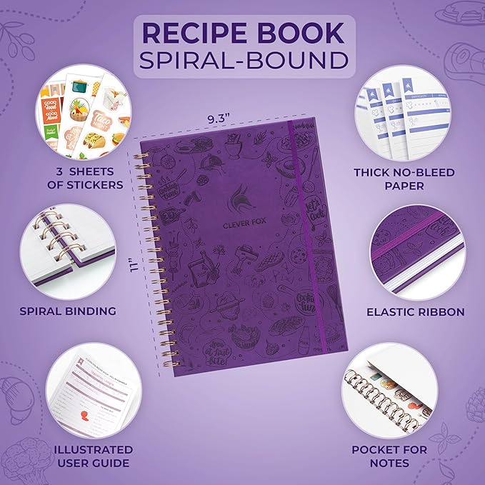 Clever Fox Recipe Book Spiral – Make Your Own Family Cookbook – Blank Recipe Notebook Organizer – Empty Cooking Journal to Write In Recipes – Large Size, 9.3”x11.2”, Hardcover (Purple)
