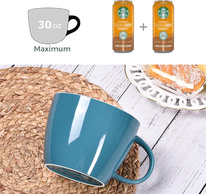 30oz Ceramic Jumbo Coffee Mug Soup Bowl with Handle for Soup, Coffee, Tea, Ice Cream, Fruit, Cereal, Milk, Mocha, Cocoa and Mulled Drinks, Microwave and Dishwasher Safe, Aqua Blue