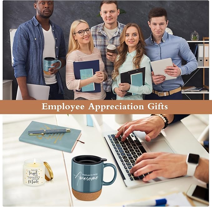 4 Pcs Thank You Gift Set for Men Women Coworker Employee Inspirational Appreciation Gifts Notebook Coffee Mug Scented Candle Pen for Valentine's Day Team Office Staff Teacher Nurse (Blue)