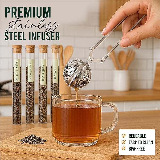 Loose Leaf Tea Sampler - Tea Gift Set Box – 8 Unique Flavors with Stainless Steel Infuser | Vanilla Chai, Jasmine, Lemon Honey & More | Tea Gift Set for Women and Men - Set of 9