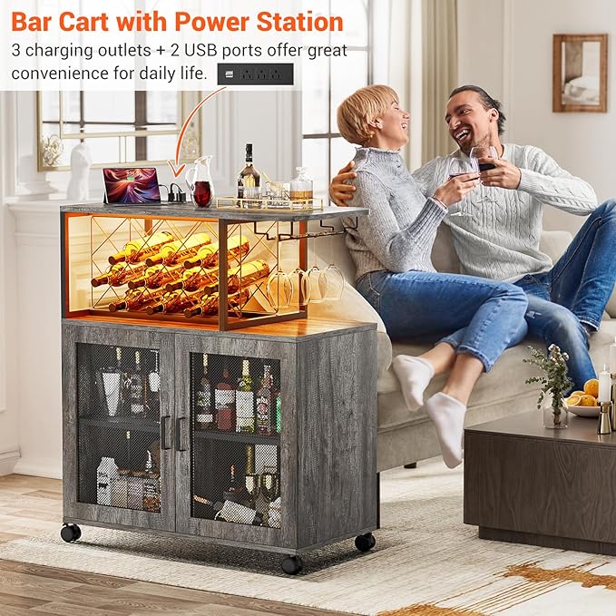 Small Bar Cart with Wheels, Liquor Cabinet with LED Light, Wine Bar Cabinet with Power Outlets, Home Mini Bar with Wine Rack, Glasses Storage for Kitchen, Dining Room, Living Room, Grey