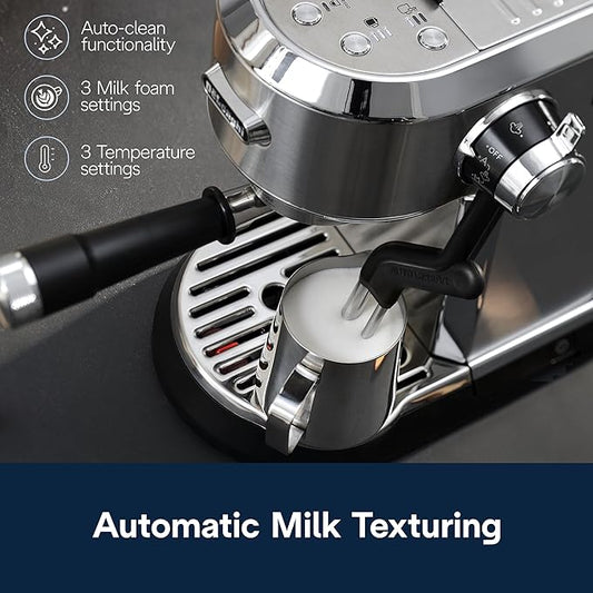De'Longhi Dedica Maestro Plus Espresso Machine, Automatic Steam Wand, 3 Coffee Temp & Milk Foam Settings, 54oz Removable Tank, Easy-to-Clean Dishwasher-Safe Parts, Compact Stainless Steel Design