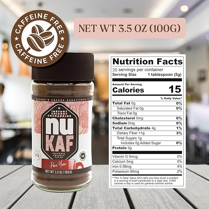 nuKAF By Gourmanity Instant Chicory Coffee Alternative with Cocoa, Brews Like Regular Coffee, Chicory Root Powder Great for Your Daily Drink, Rich in Prebiotics, Kosher, 3.5oz jar