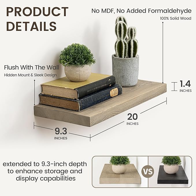 Marsmiles 20 Inch Floating Shelves | 9.3 Inch Deep Grey Wood Wall Shelves Set of 2 | Rustic Reclaimed Wood Shelves for Room Wall | Farmhouse Floating Shelves for Living Room Bathroom