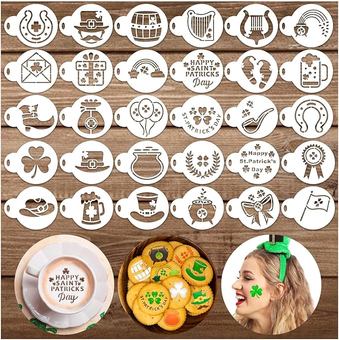 Partywind 30 PCS St Patrick's Day Cookie Stencils for Decorations, Saint Patricks Day Shamrock Stencils Templates for Cake Coffee, Irish Face Painting Ornaments